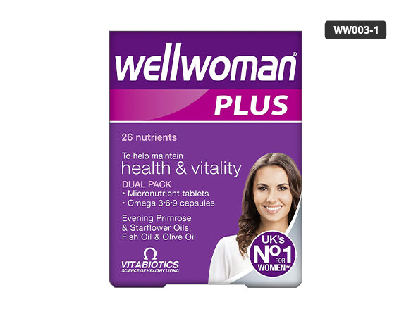 Vitabiotics Wellwoman Plus Omega 3-6-9 56 Tablets – this supplement for women contains essential fatty acids, important vitamins and minerals to support their energy, skin and hormones.